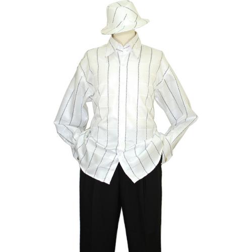 Manzini White With White Self Checkers And Black Self Design Long Sleeves Shirt With French Cuff and Matching Hat MZT-13